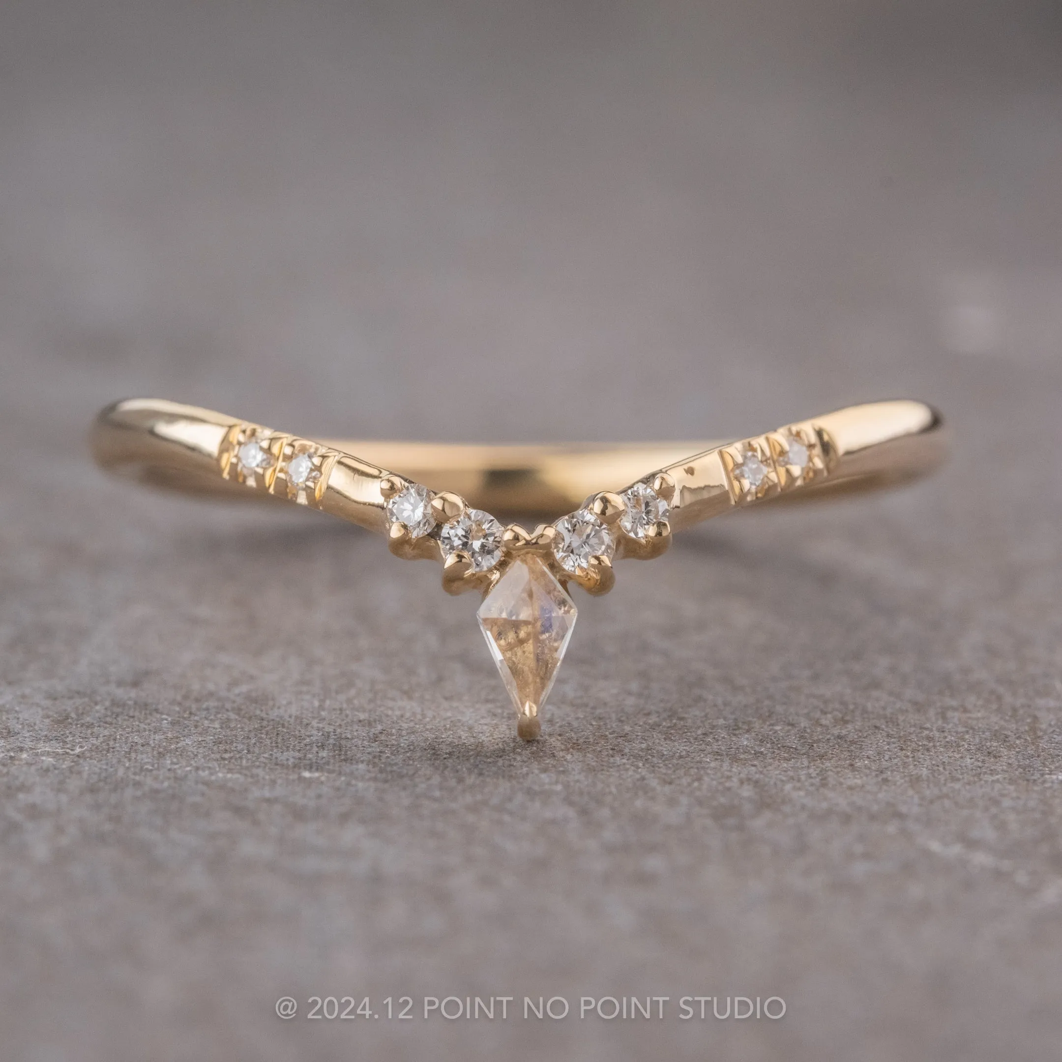 Moonstone and Diamond Wedding Band, Kite Flora Setting, 14k Yellow Gold