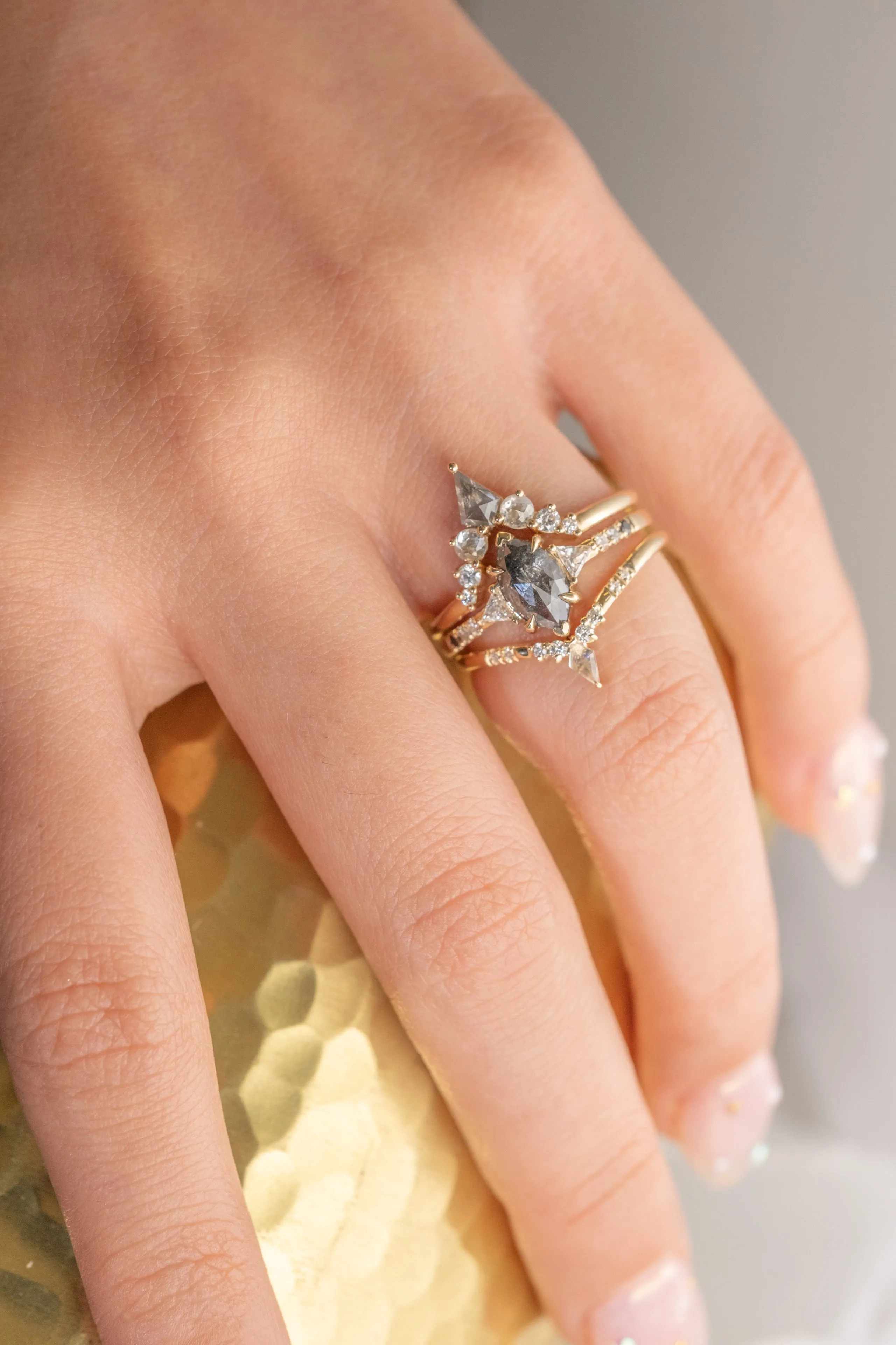Moonstone and Diamond Wedding Band, Kite Flora Setting, 14k Yellow Gold