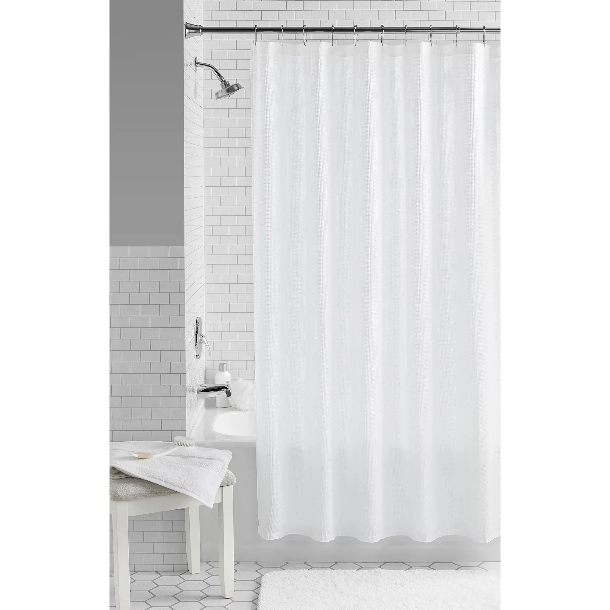 New 72" x 72", Mainstays Waffle Weave Textured Design Bright White Fabric Shower Curtain