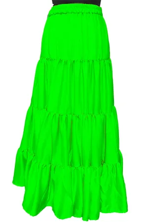 Parrot Green Tiered Silk Ankle Length Skirt Comfortable Elastic Waist Flared Layer