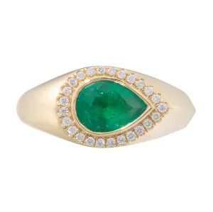 Pear Shaped Emerald and Pave Diamond Signet Ring