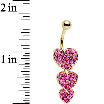 Pink Gem Gold Plated Steel Triple Heart Dangle Belly Ring