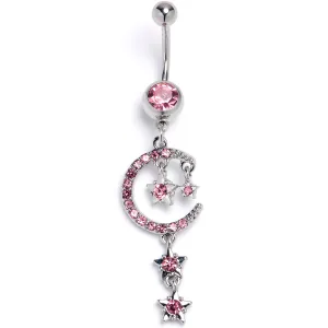 Pink Gem Moon And Stars Internally Threaded Dangle Belly Ring