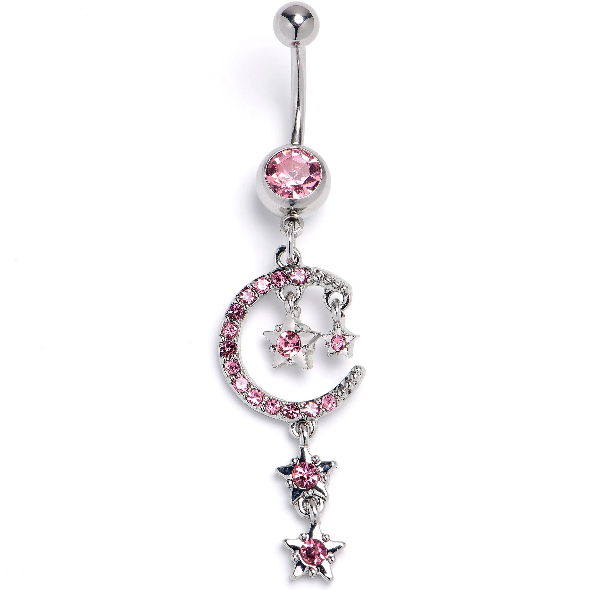 Pink Gem Moon And Stars Internally Threaded Dangle Belly Ring