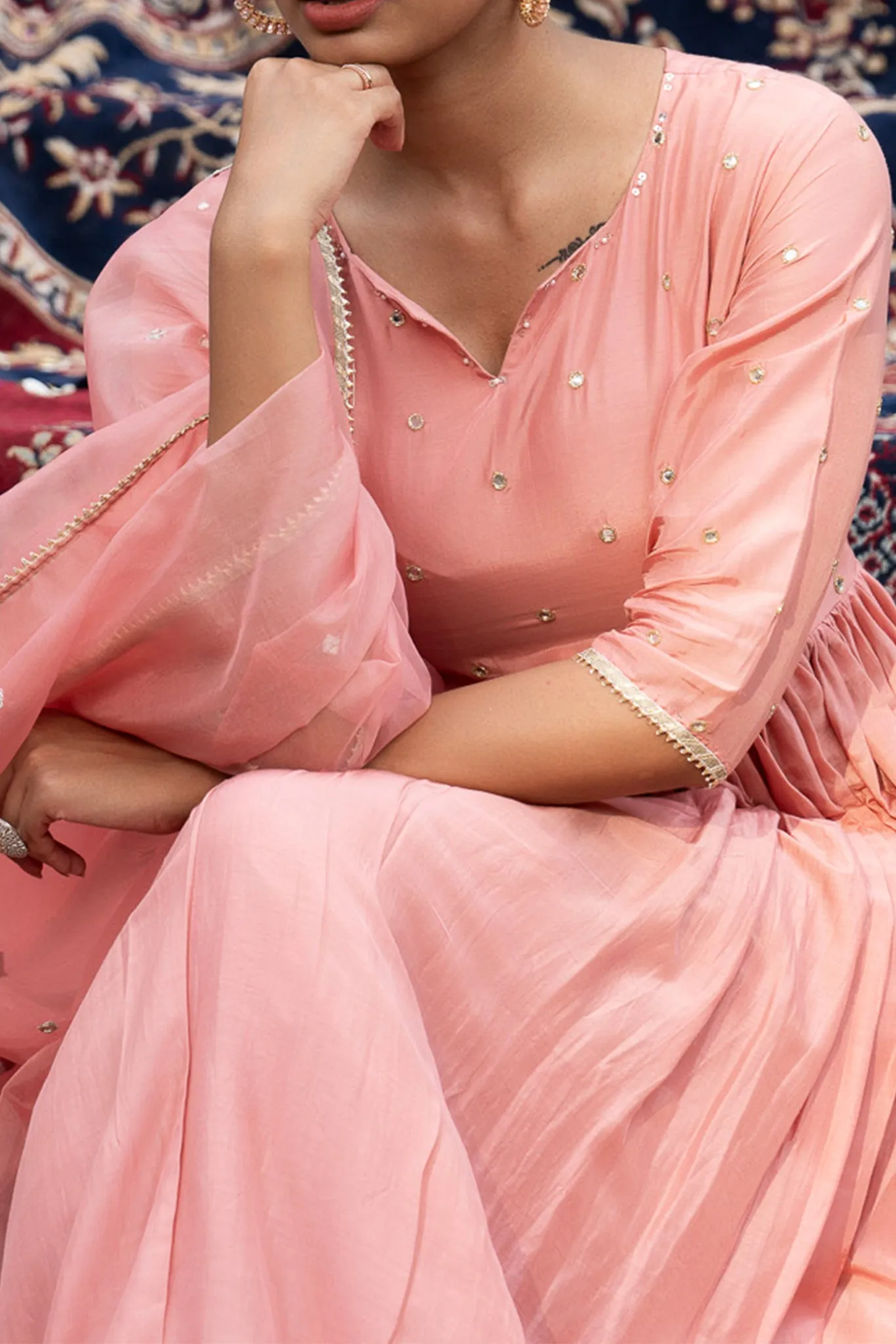 Pink Suit Set with Organza Dupatta and Mirror Work
