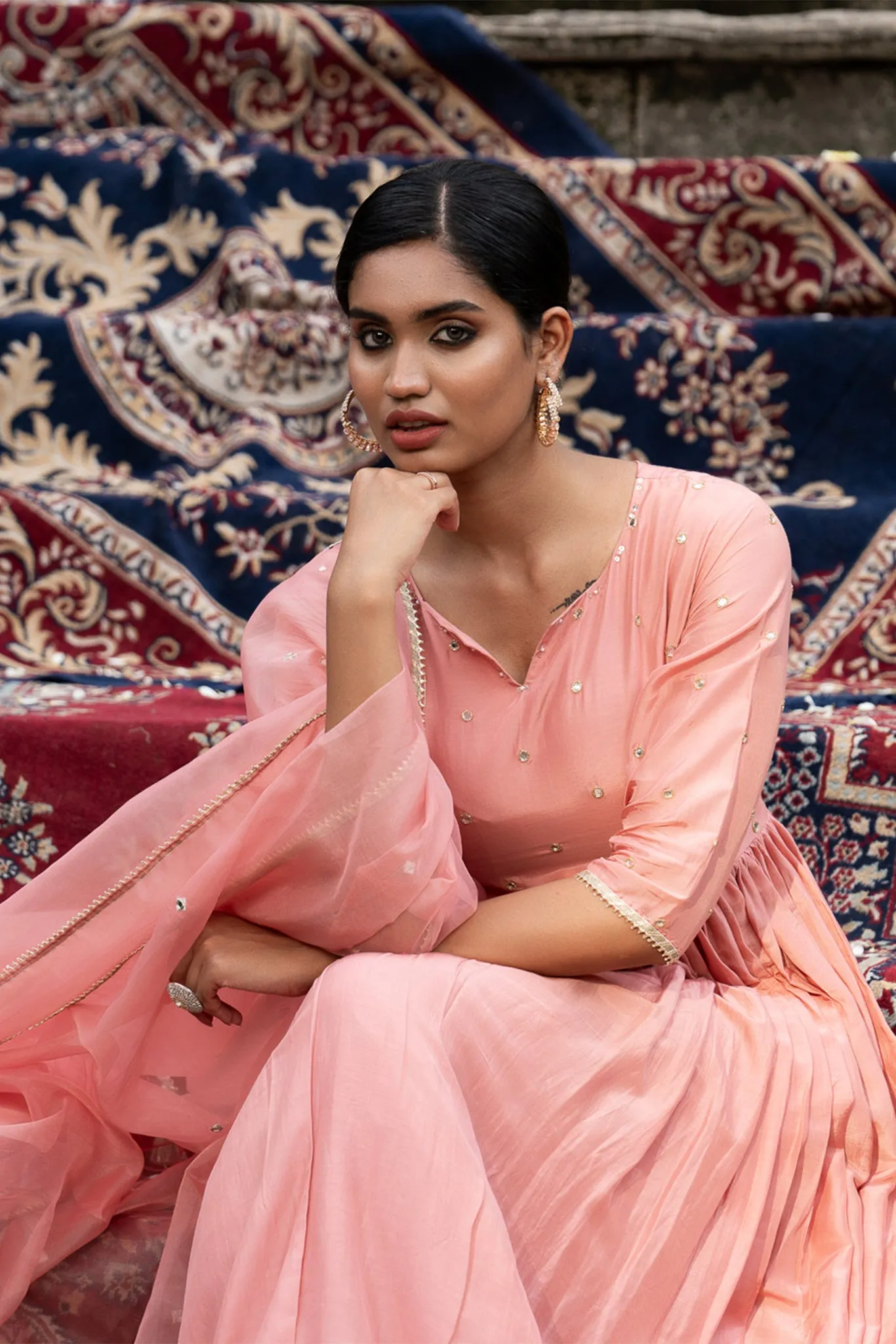 Pink Suit Set with Organza Dupatta and Mirror Work