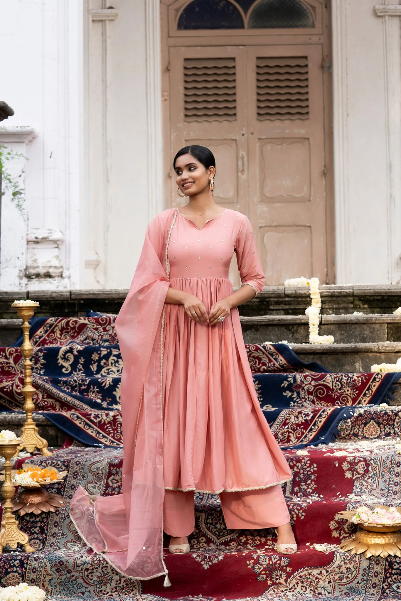 Pink Suit Set with Organza Dupatta and Mirror Work