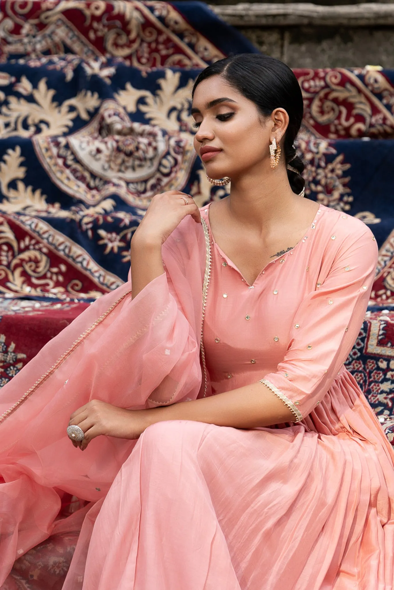 Pink Suit Set with Organza Dupatta and Mirror Work