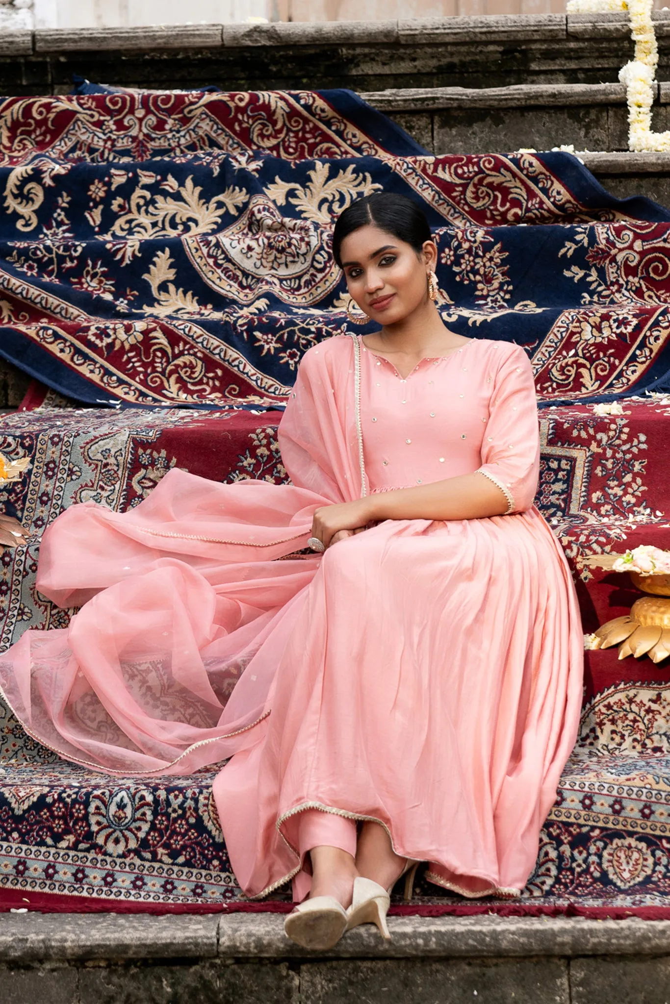 Pink Suit Set with Organza Dupatta and Mirror Work