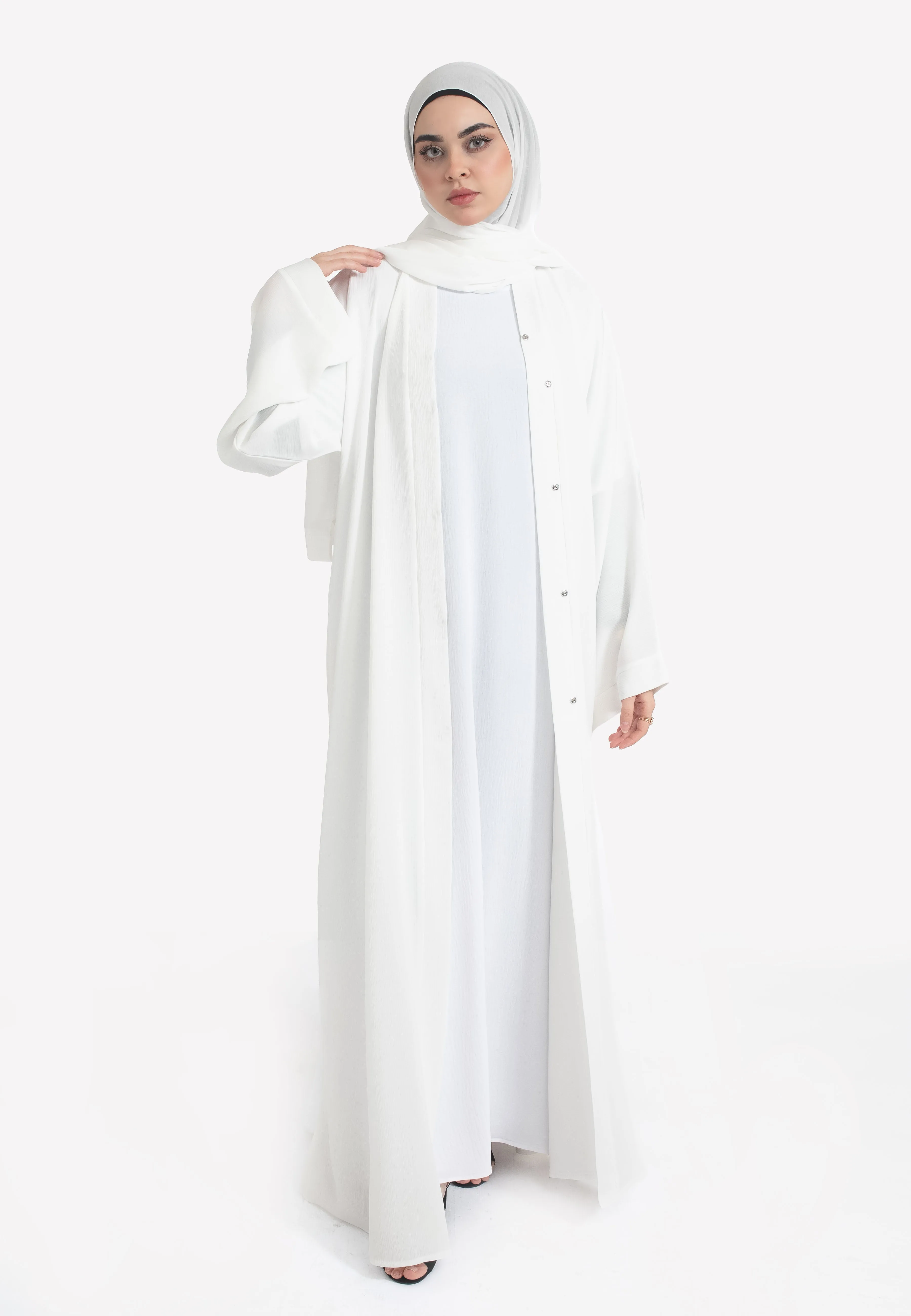 Plain Off-White Textured Open Abaya