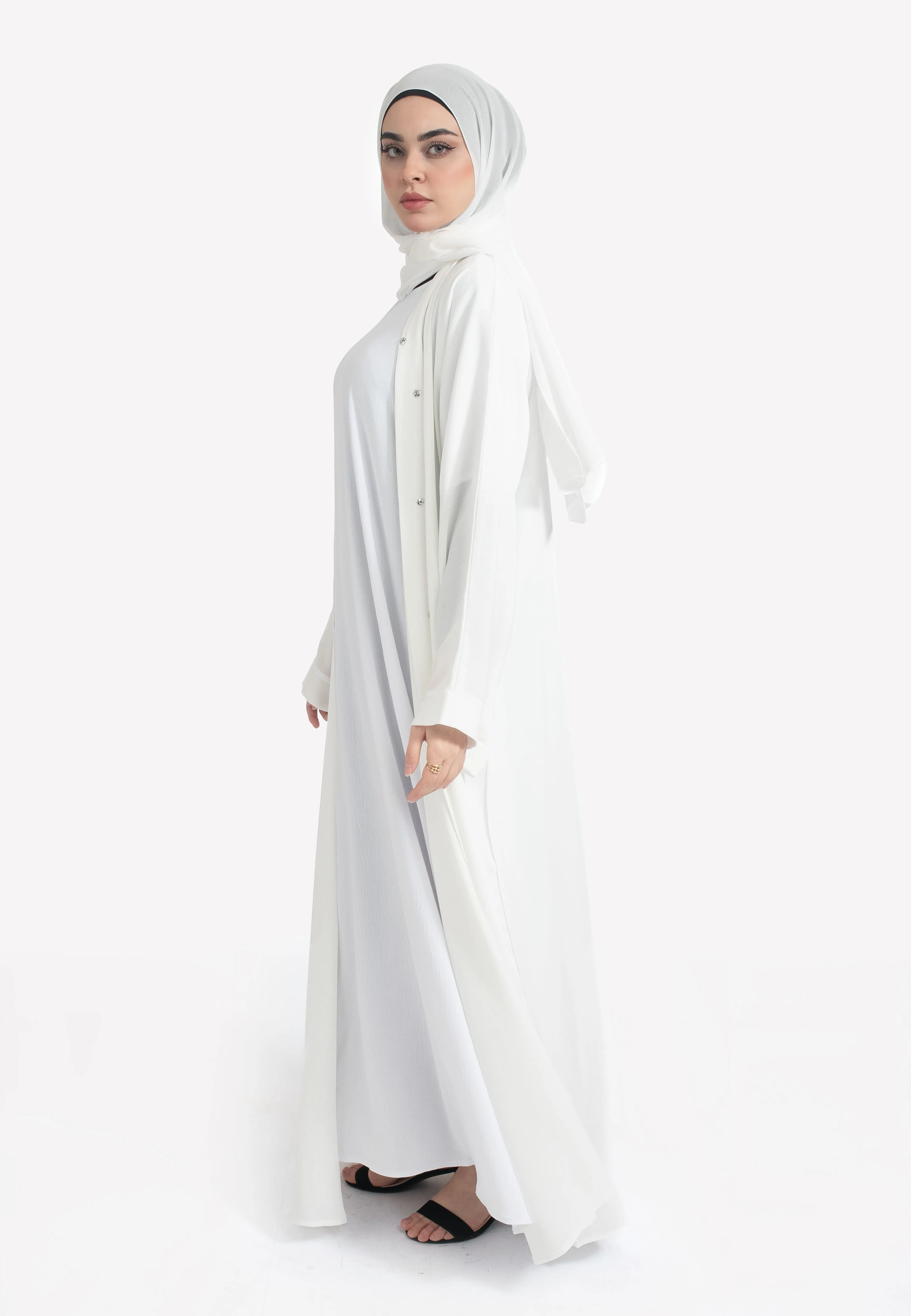 Plain Off-White Textured Open Abaya