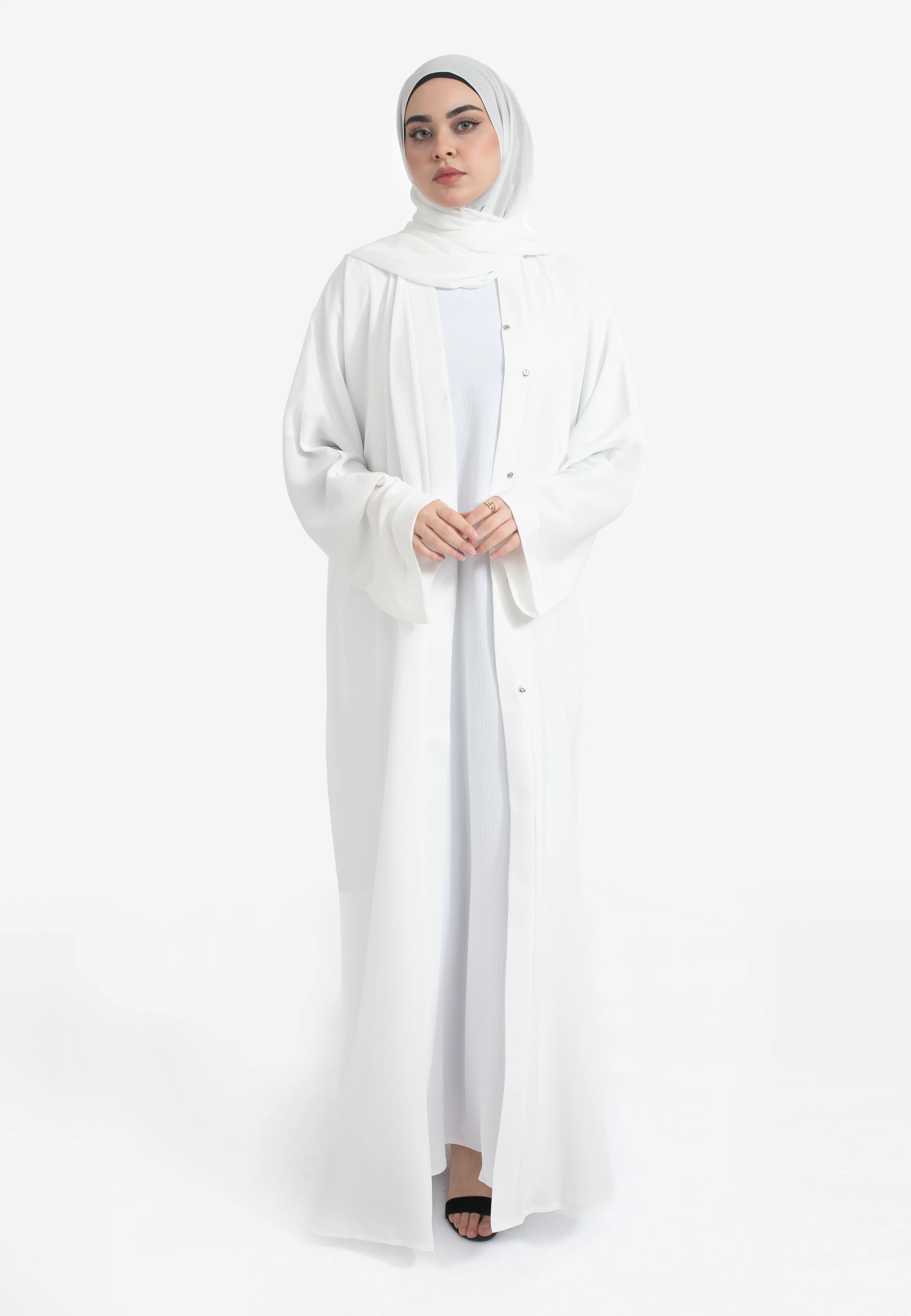 Plain Off-White Textured Open Abaya