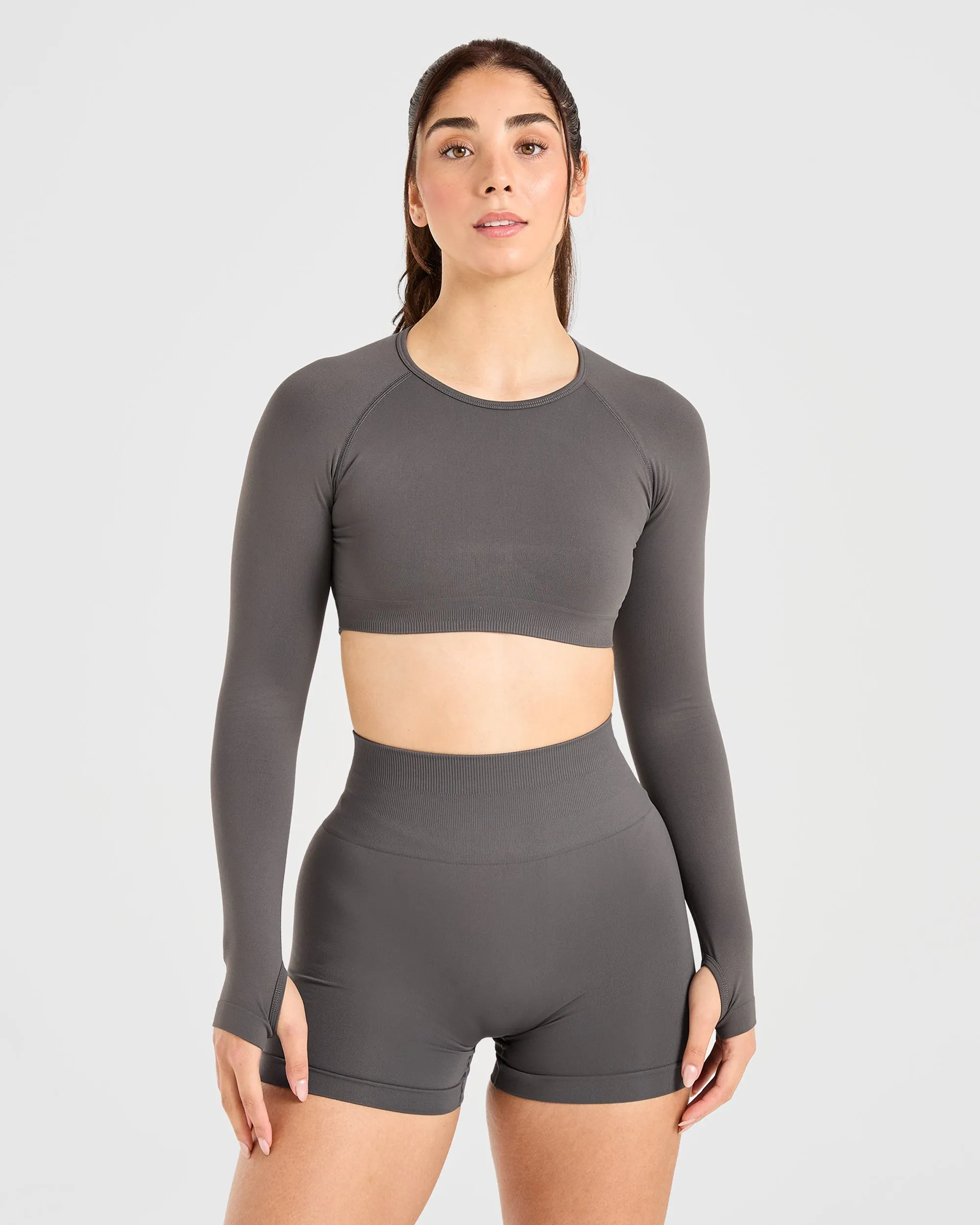 Power Seamless Long Sleeve Crop Top - Charcoal