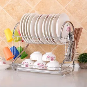 Practical Multifunctional Dual Layer Bowls & Dishes & Spoons Collection Shelf Dish Drainer Silver