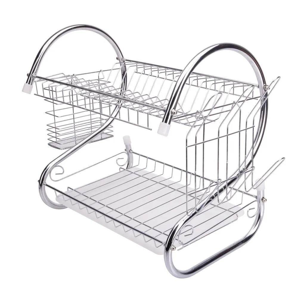 Practical Multifunctional Dual Layer Bowls & Dishes & Spoons Collection Shelf Dish Drainer Silver