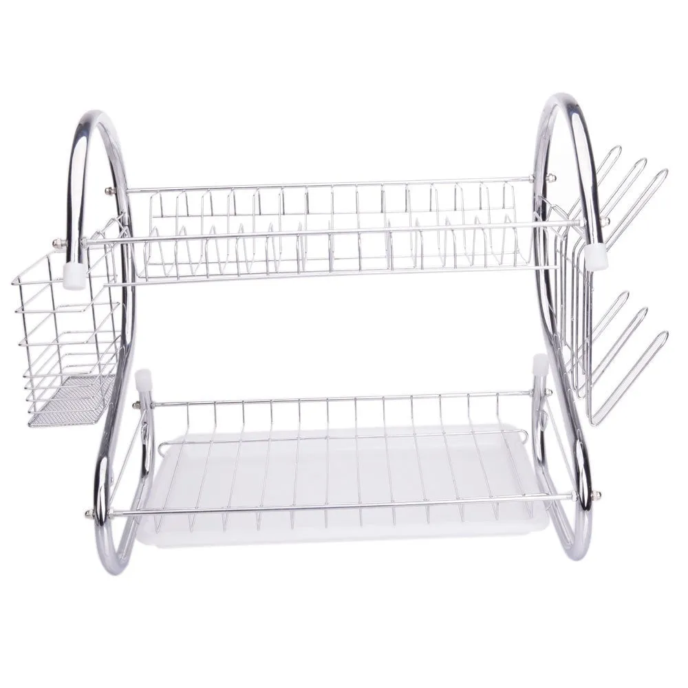 Practical Multifunctional Dual Layer Bowls & Dishes & Spoons Collection Shelf Dish Drainer Silver