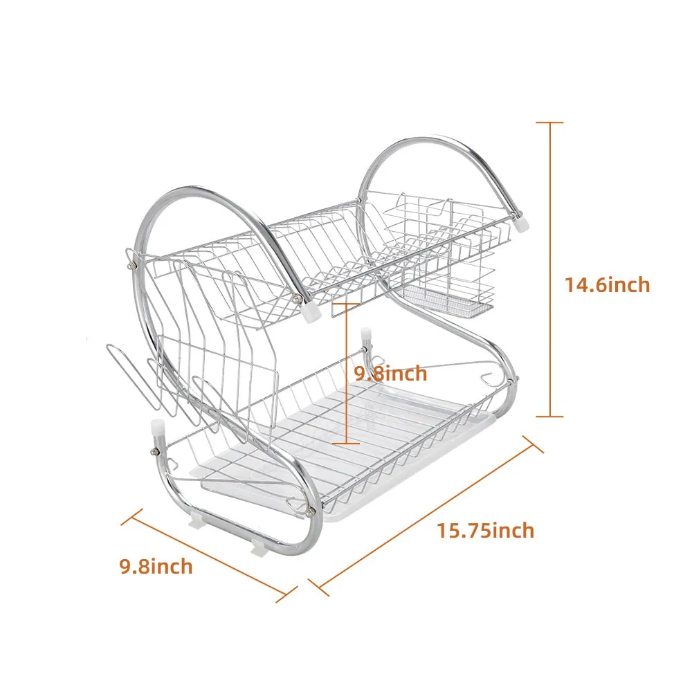 Practical Multifunctional Dual Layer Bowls & Dishes & Spoons Collection Shelf Dish Drainer Silver
