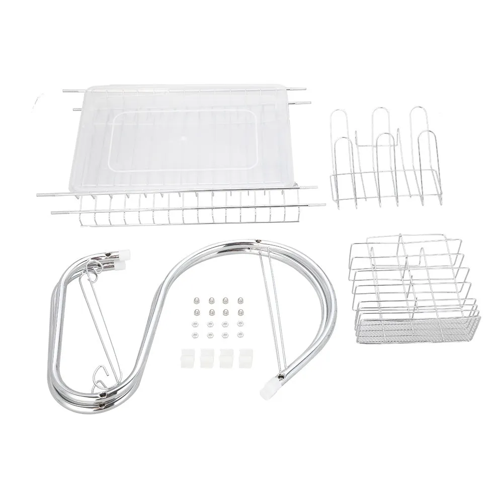 Practical Multifunctional Dual Layer Bowls & Dishes & Spoons Collection Shelf Dish Drainer Silver