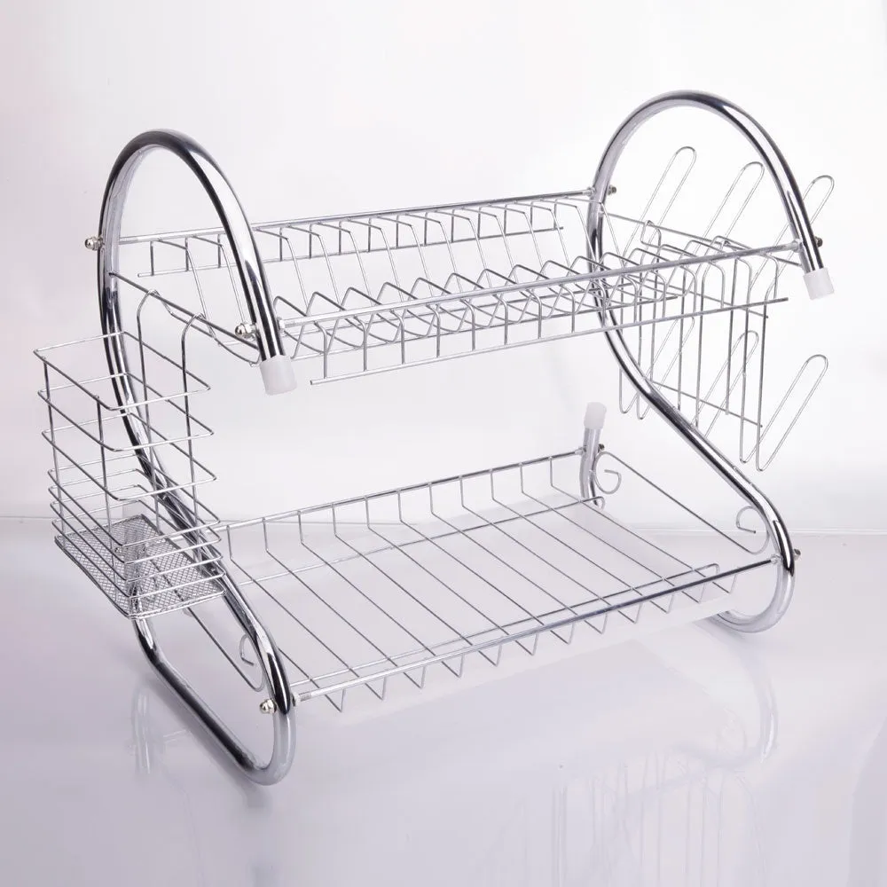 Practical Multifunctional Dual Layer Bowls & Dishes & Spoons Collection Shelf Dish Drainer Silver