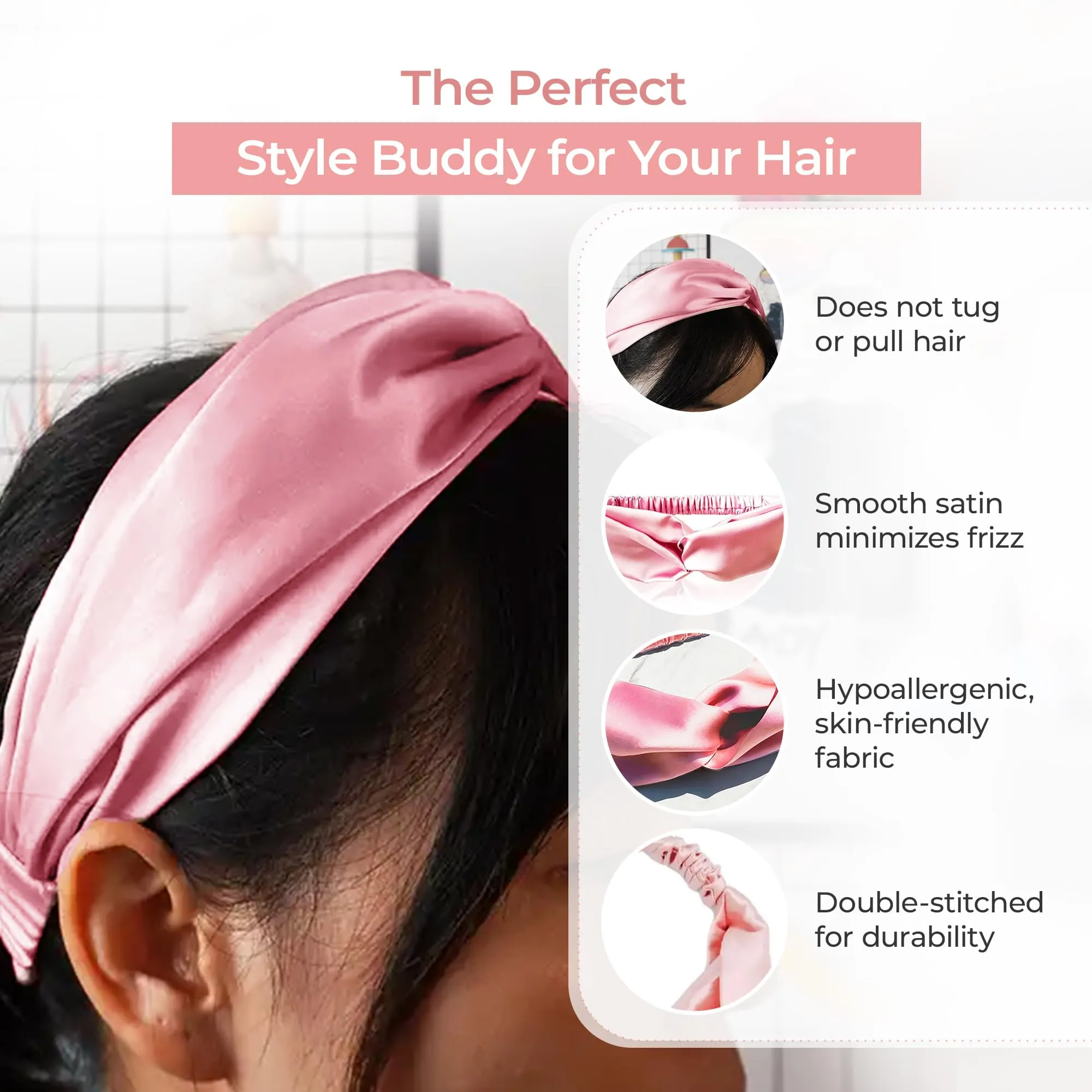 Prolixr's Pink Satin Cross Knot Headband For Women - Double Twist Head Wrap - No Hair Breakage, Soft Elastic & Comfortable Stretch Bandanas For Women | Hair Band For Women - Skincare Headband