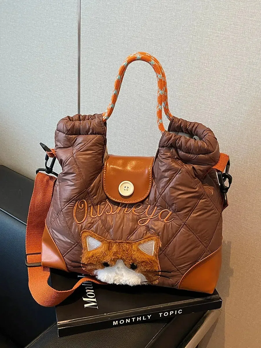 Quilted Cat Plaid Handles Bucket Bag
