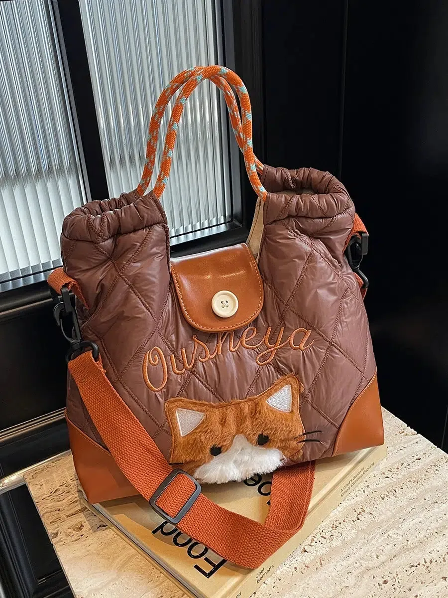 Quilted Cat Plaid Handles Bucket Bag