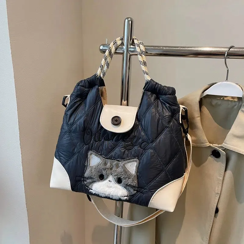 Quilted Cat Plaid Handles Bucket Bag