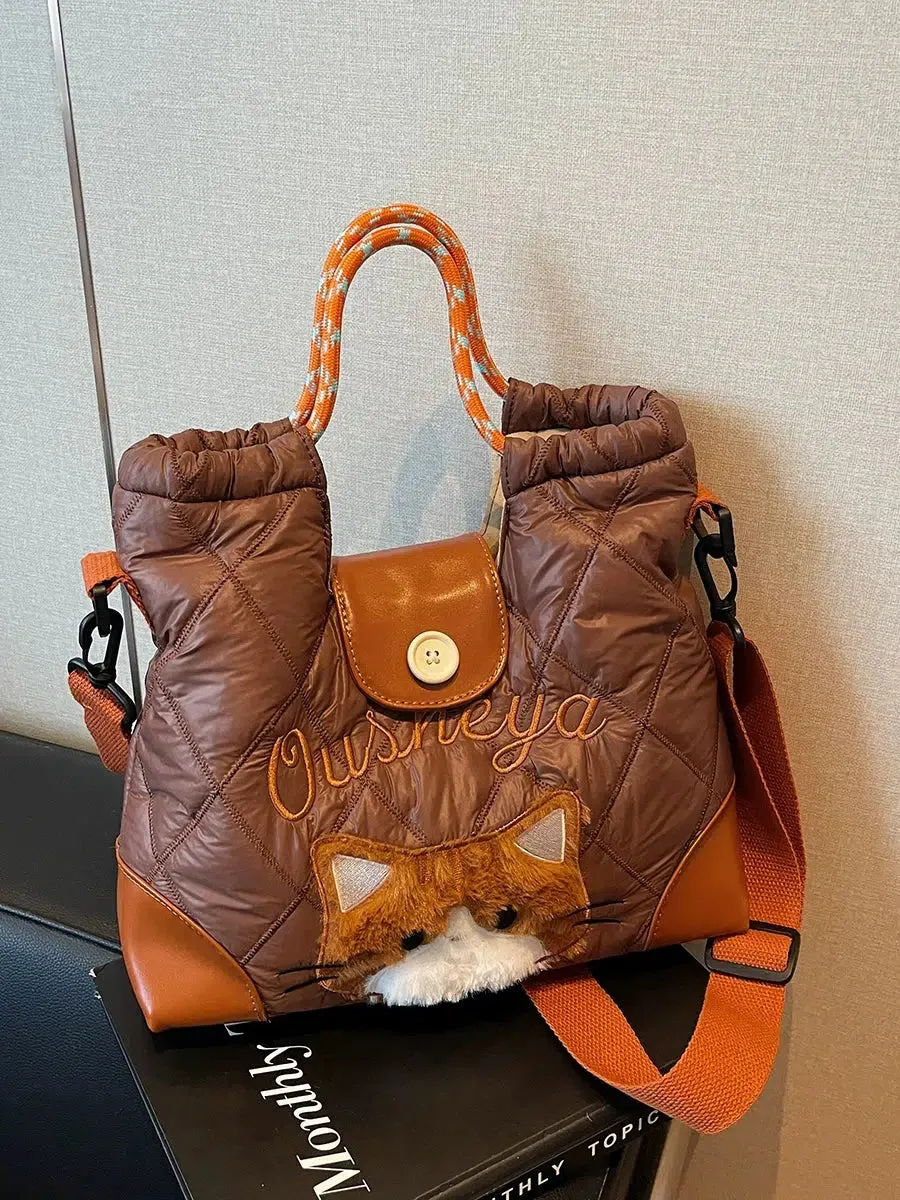 Quilted Cat Plaid Handles Bucket Bag