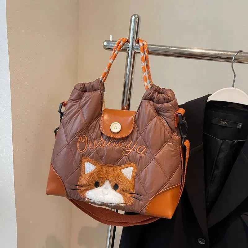 Quilted Cat Plaid Handles Bucket Bag