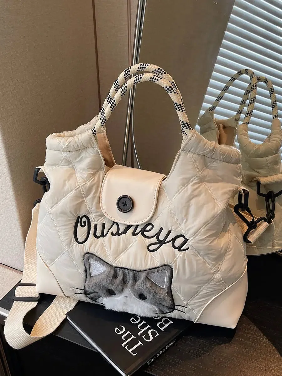Quilted Cat Plaid Handles Bucket Bag