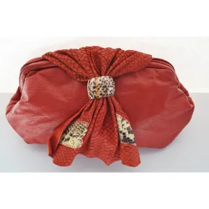 Red Textured Leather Purse With Leopard Trim
