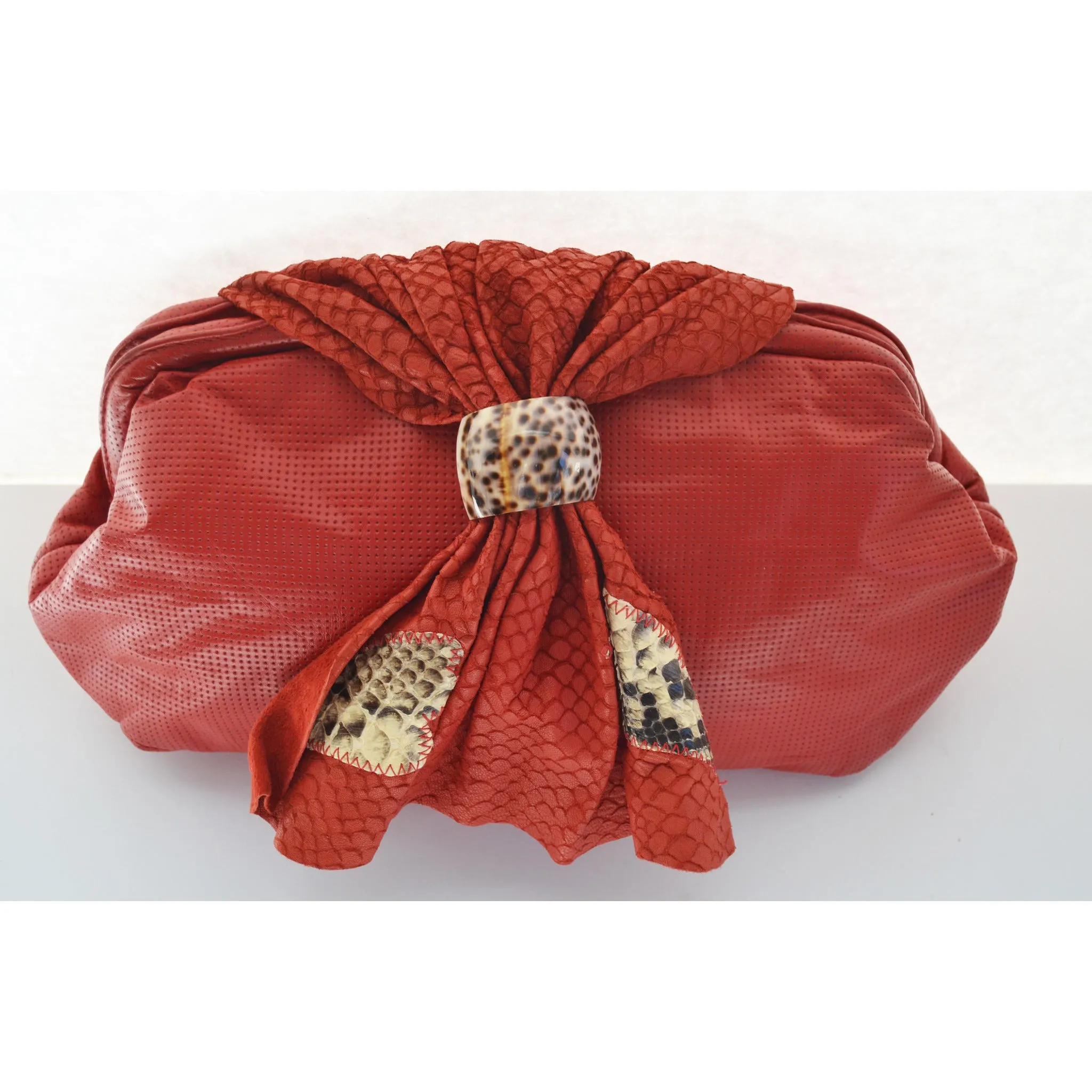 Red Textured Leather Purse With Leopard Trim