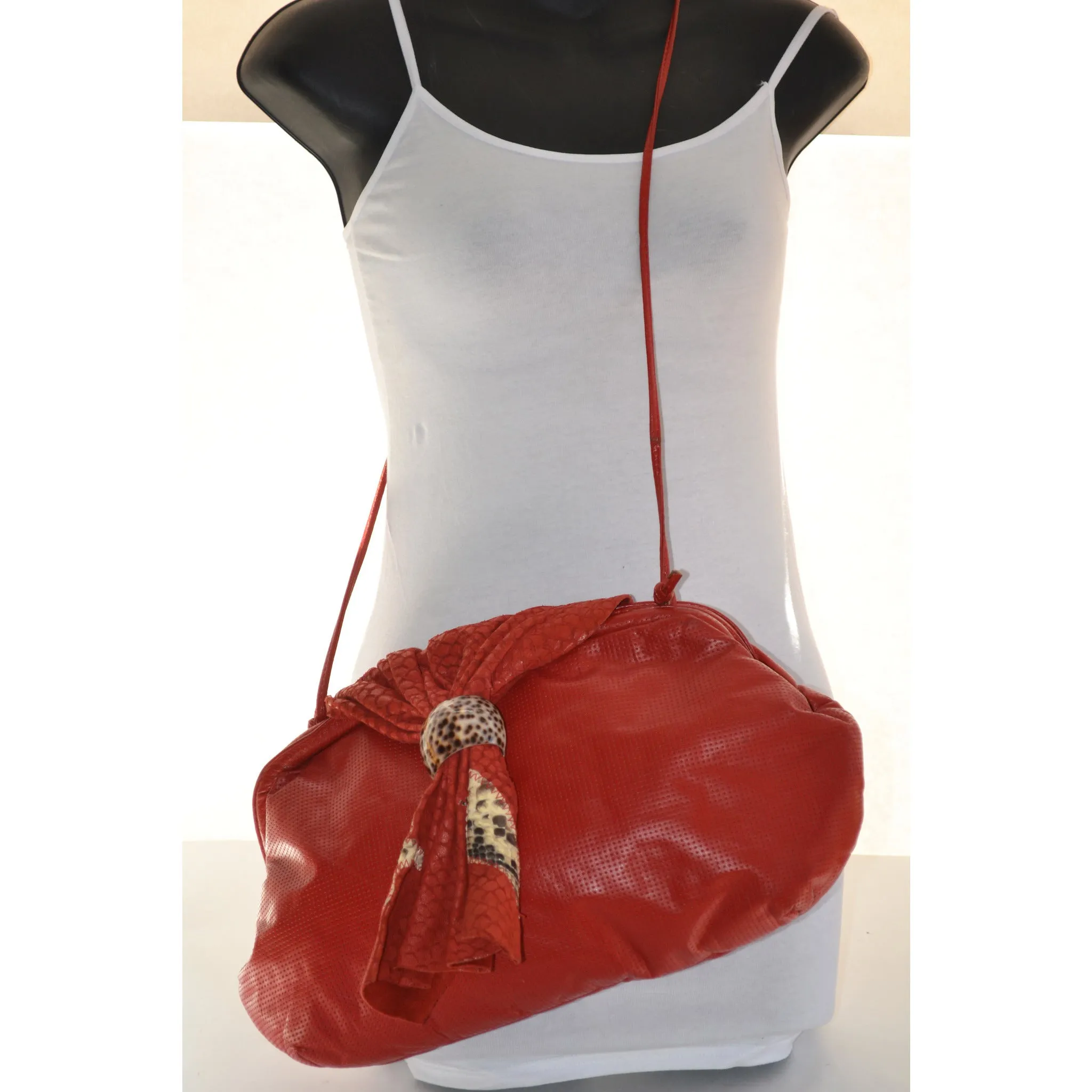 Red Textured Leather Purse With Leopard Trim
