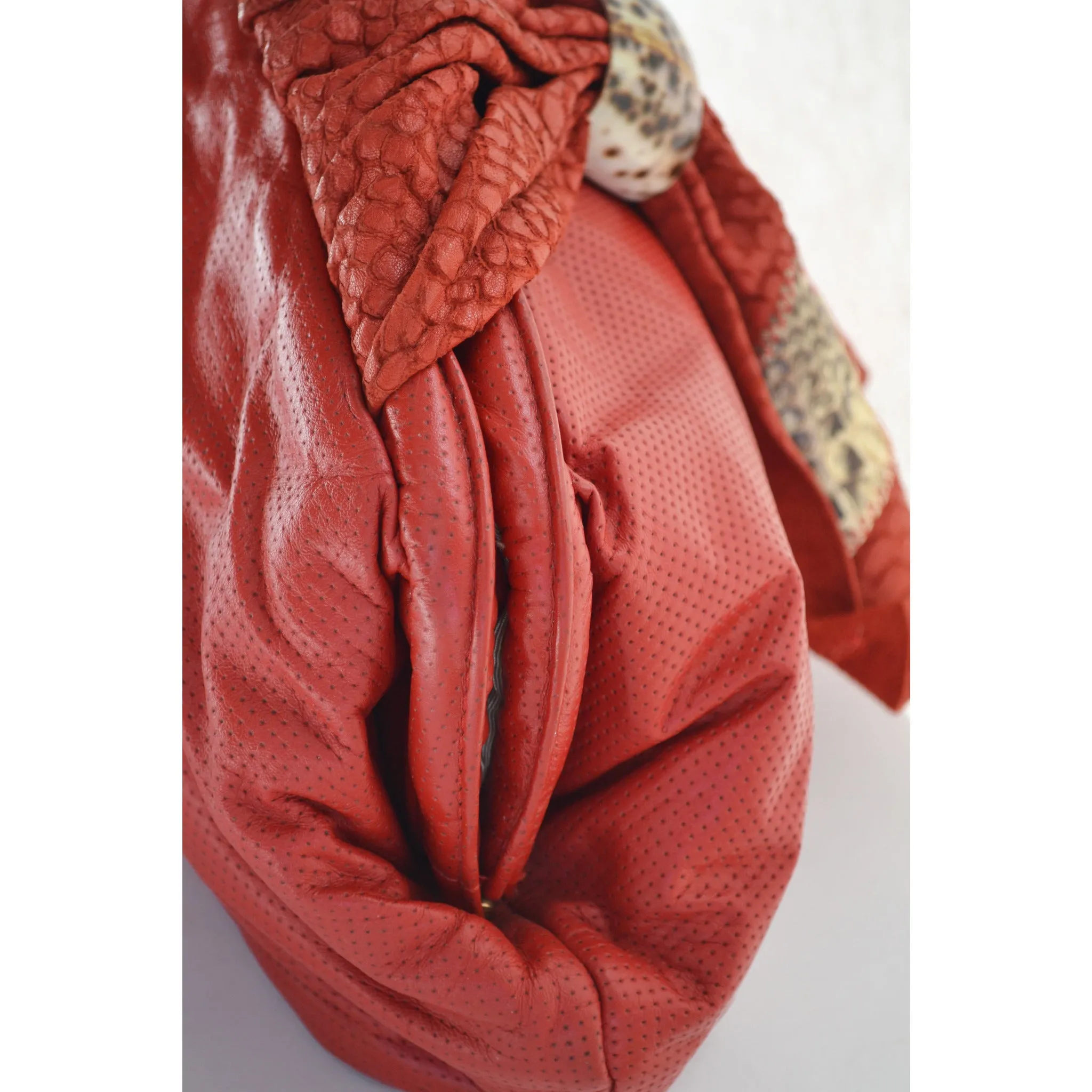 Red Textured Leather Purse With Leopard Trim