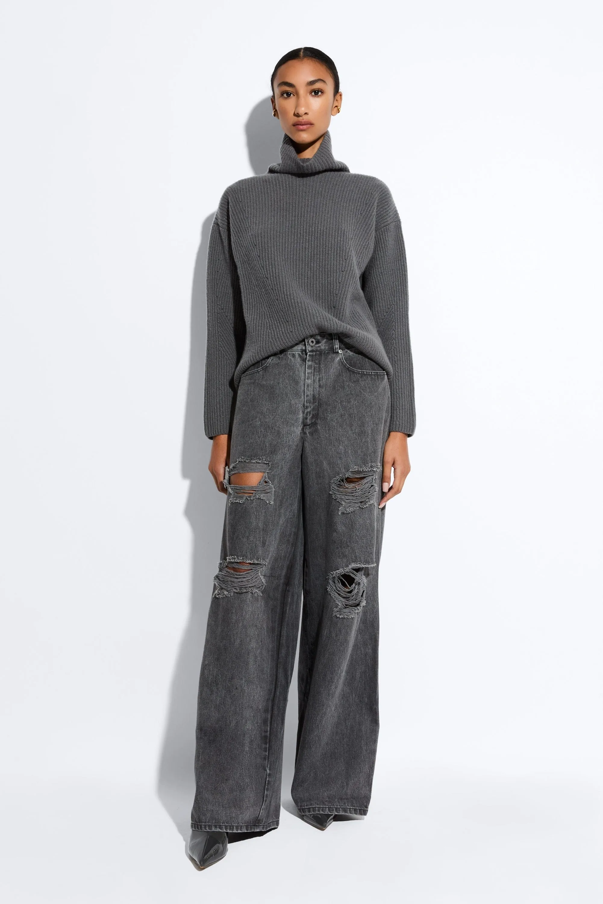 Relaxed Denim Distressed Wide Leg Jean
