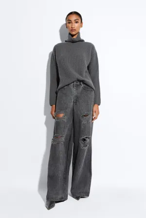 Relaxed Denim Distressed Wide Leg Jean