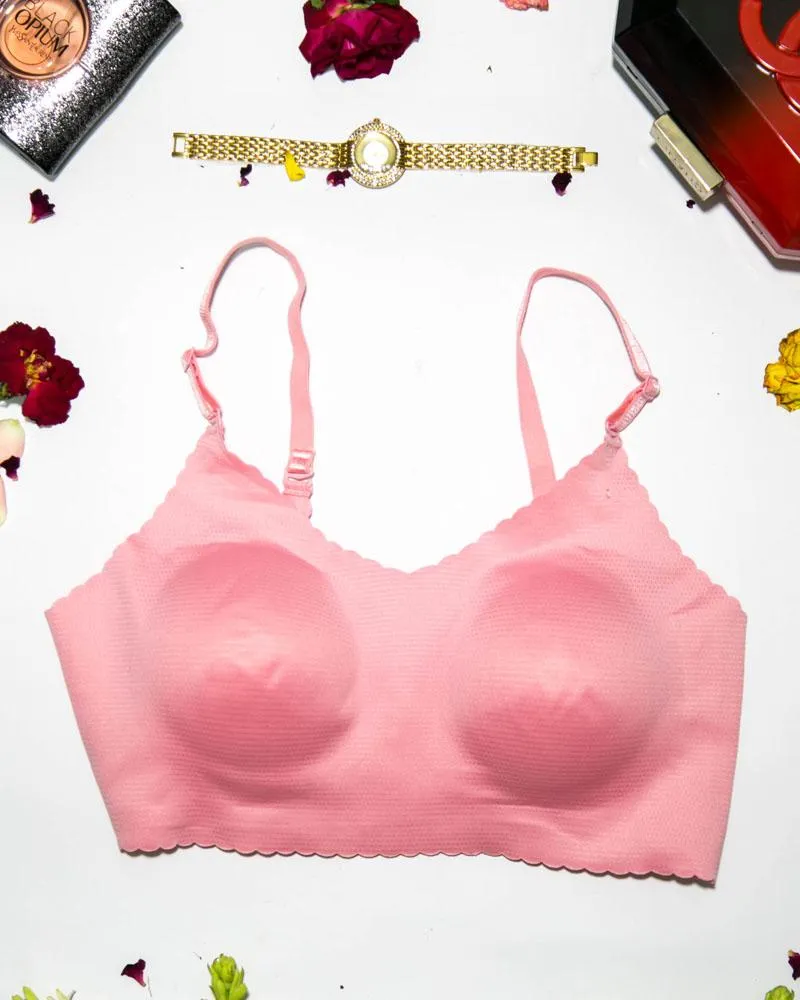 Self Design Cotton Single Padded Bra - Pink