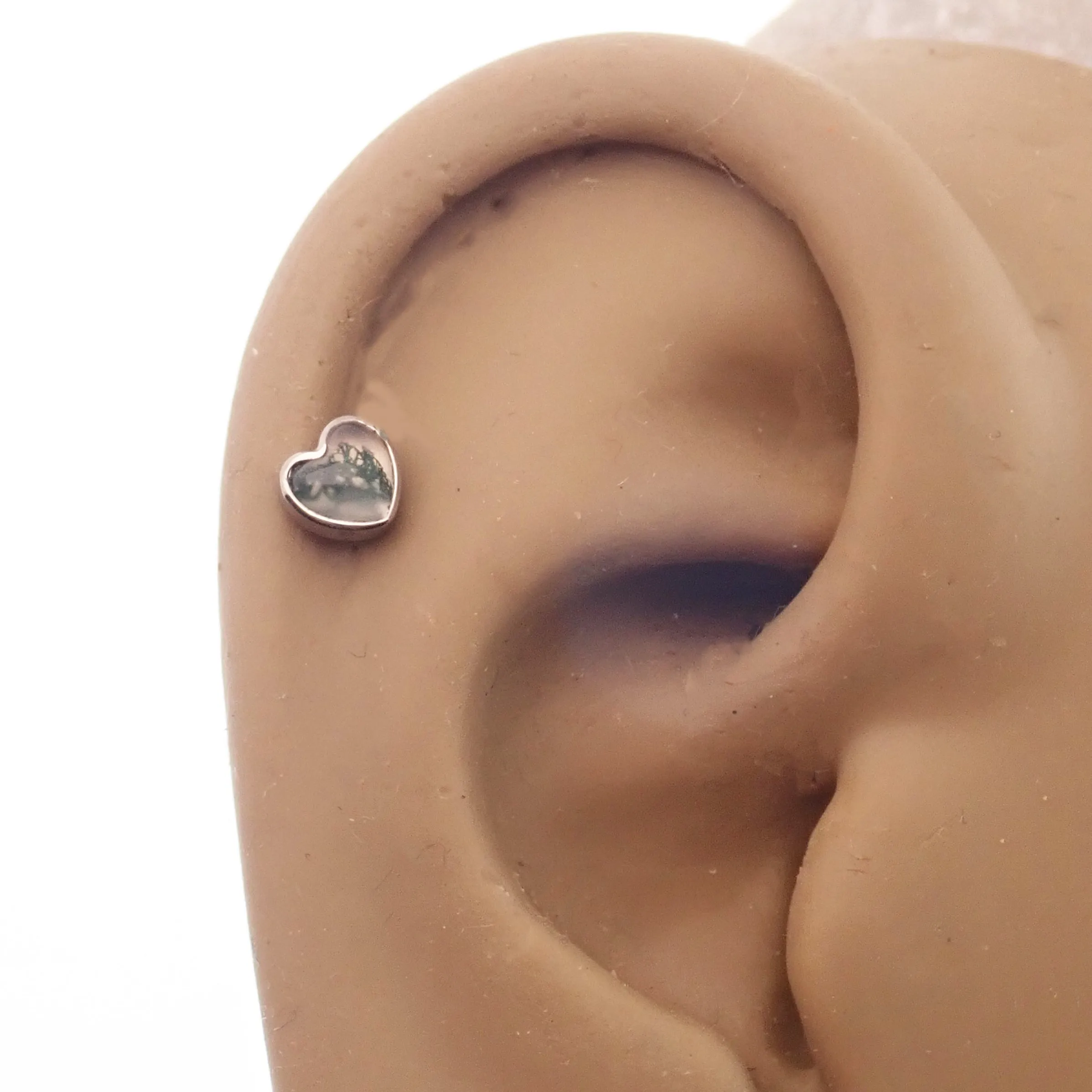 Semi-Precious Moss Agate Heart Titanium Flatback Piercing