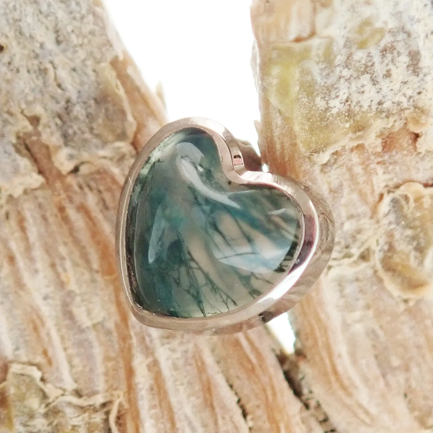 Semi-Precious Moss Agate Heart Titanium Flatback Piercing