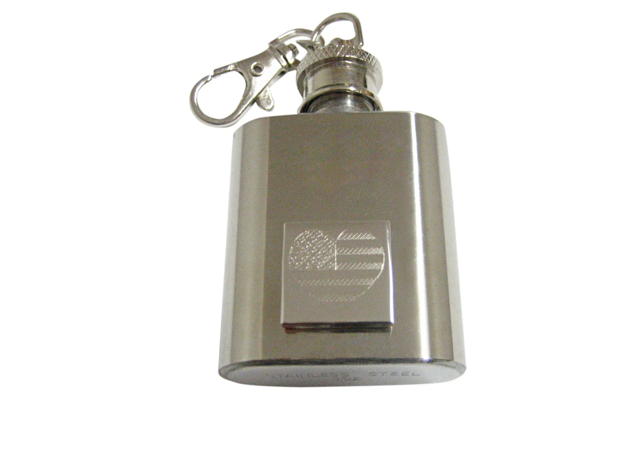 Silver Toned Etched Heart Shaped American Flag 1 Oz. Stainless Steel Key Chain Flask