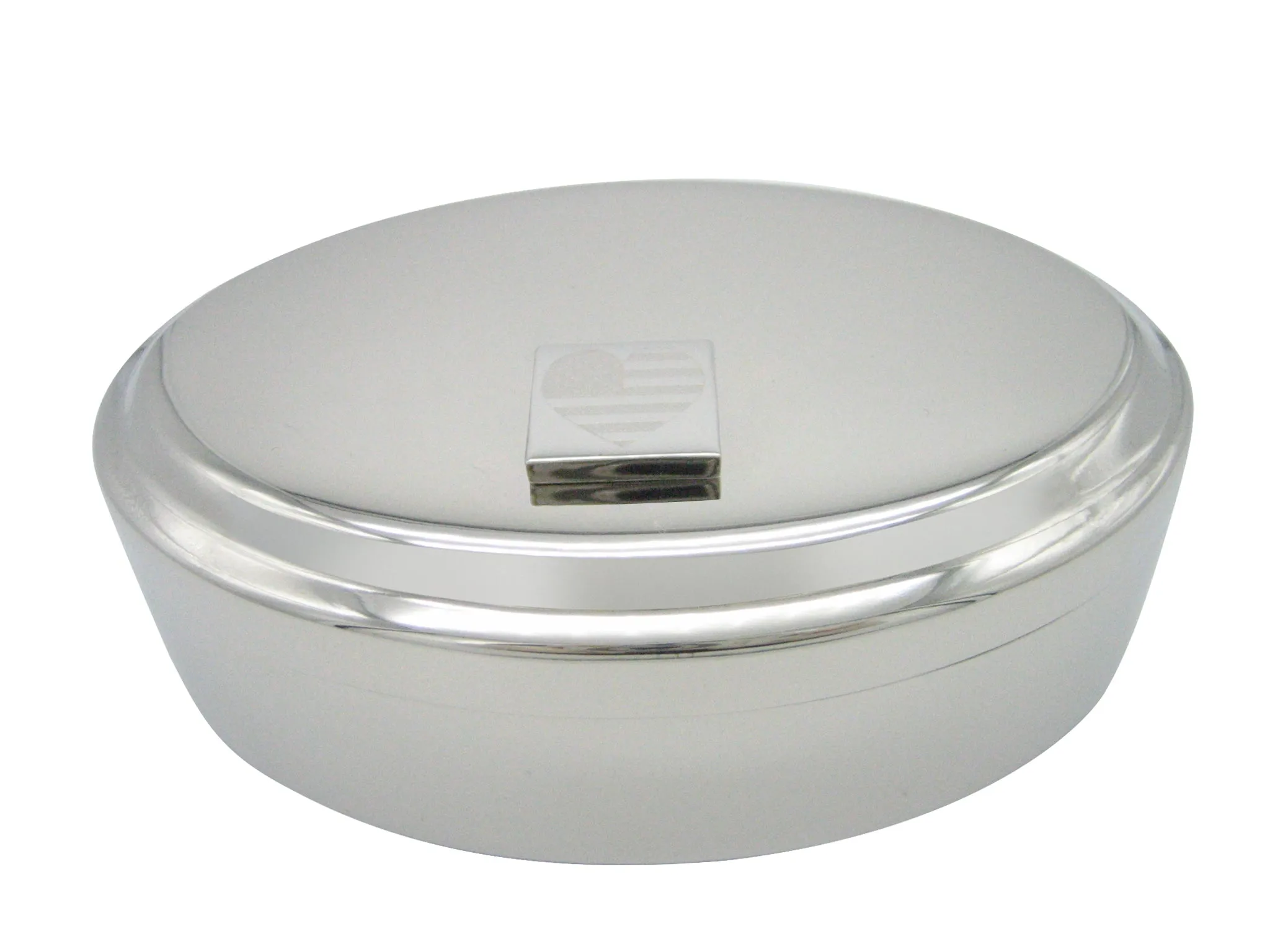 Silver Toned Etched Heart Shaped American Flag Pendant Oval Trinket Jewelry Box