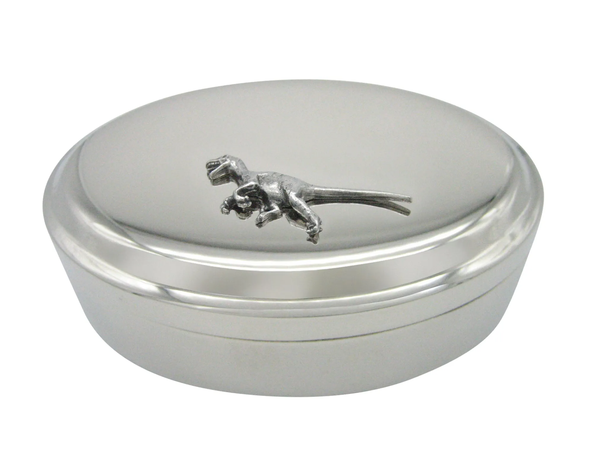 Silver Toned Textured Velociraptor Dinosaur Pendant Oval Trinket Jewelry Box