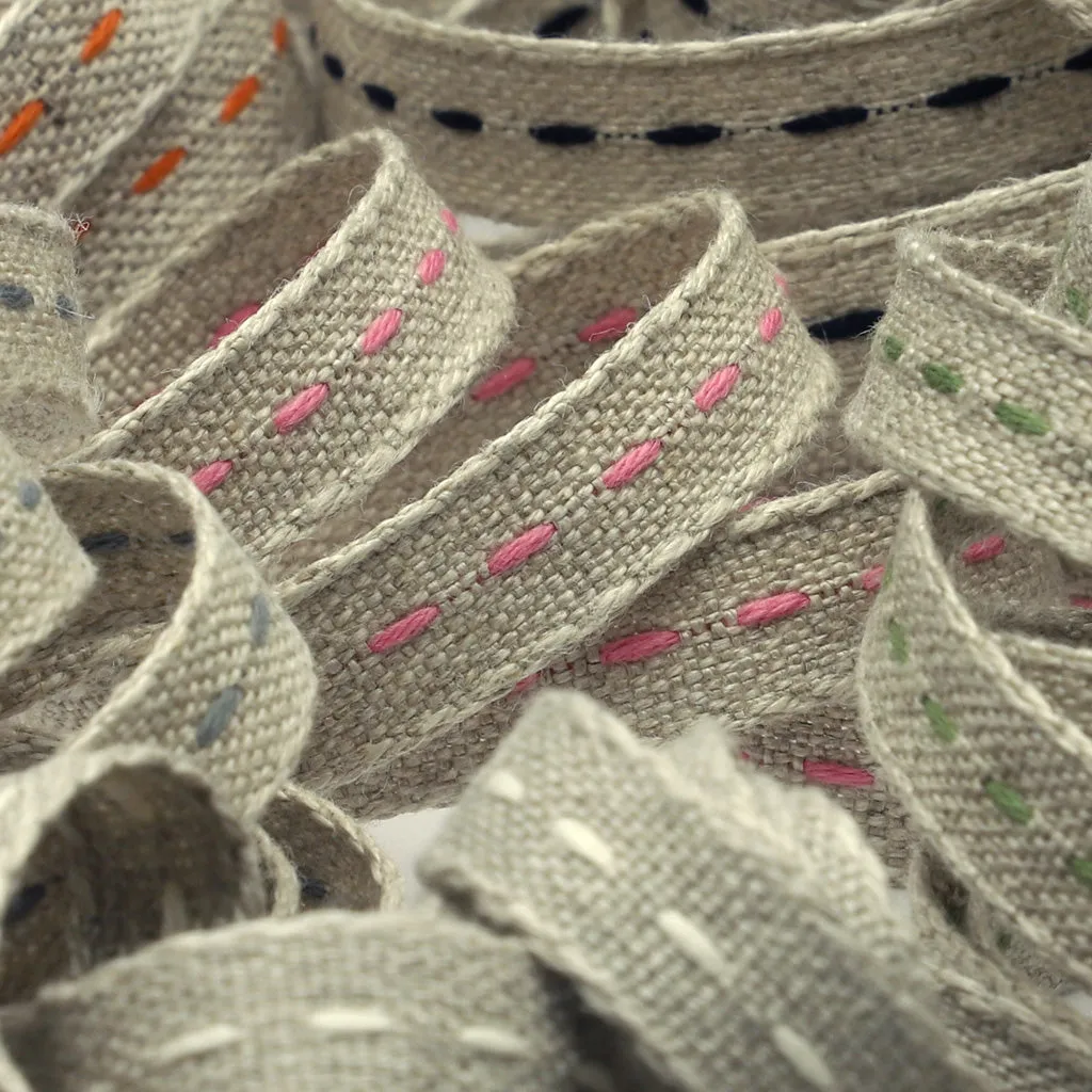 Single Stitched Linen Ribbon #9 Ecru & Gray