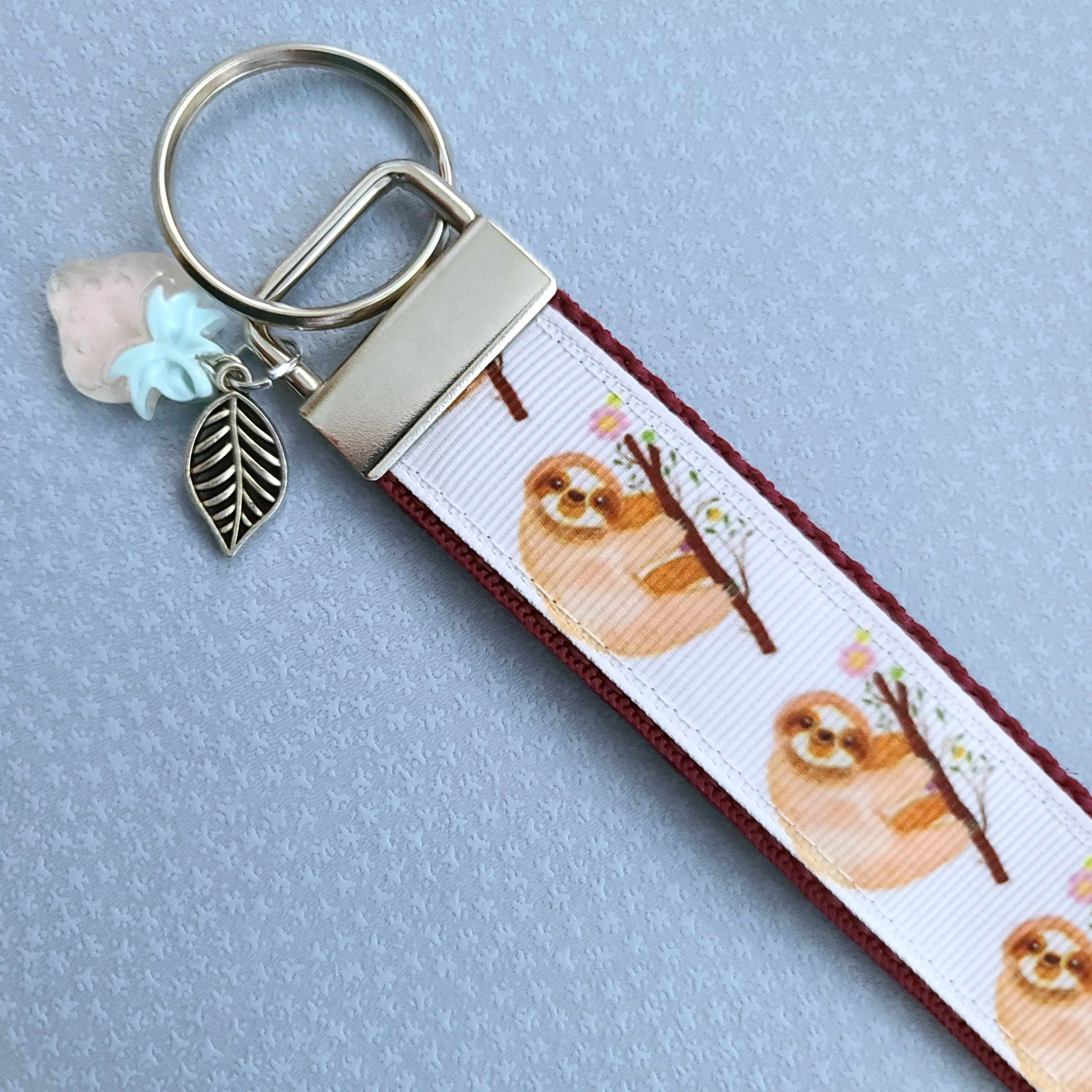 Sloths and Flowers Key Chain Fob with Strawberry and Leaf Charm