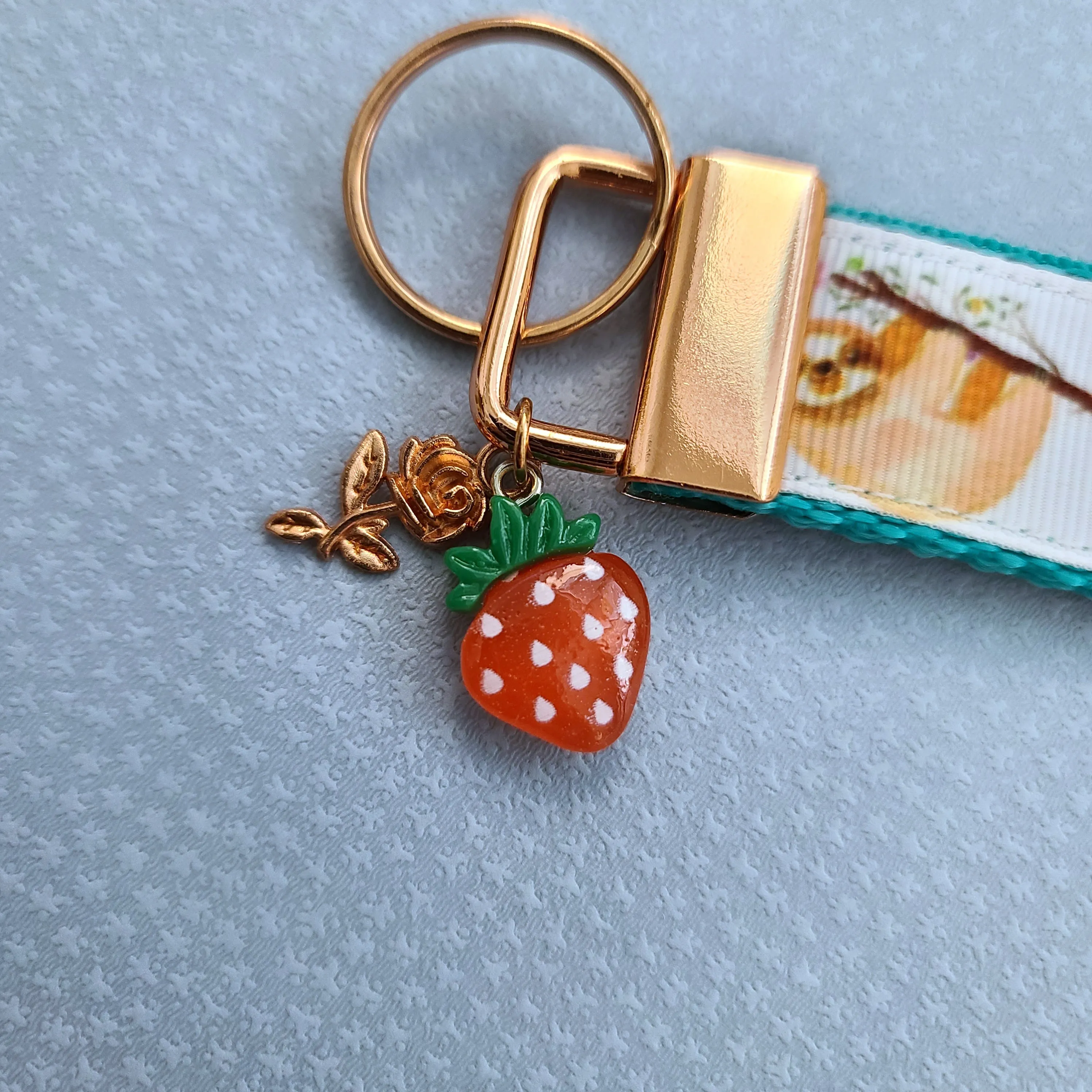 Sloths and Flowers Key Chain Fob with Strawberry and Leaf Charm