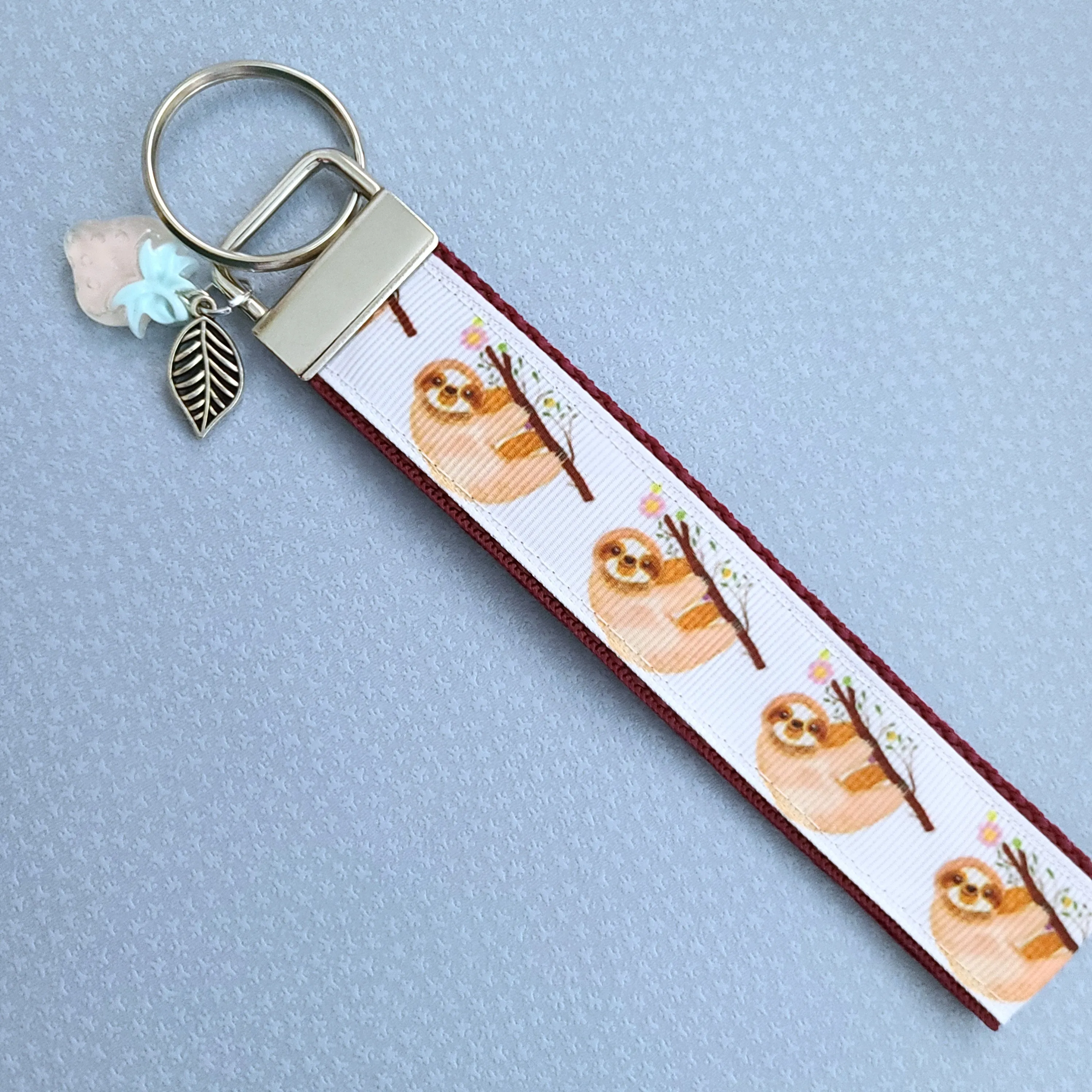 Sloths and Flowers Key Chain Fob with Strawberry and Leaf Charm