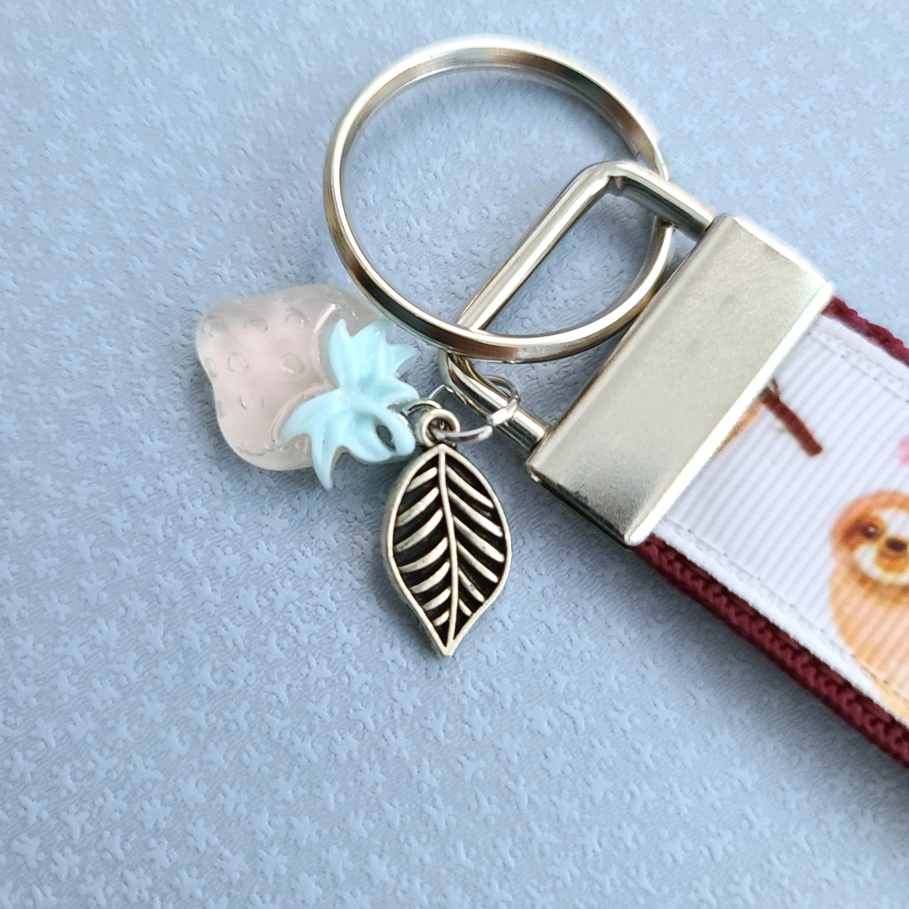 Sloths and Flowers Key Chain Fob with Strawberry and Leaf Charm