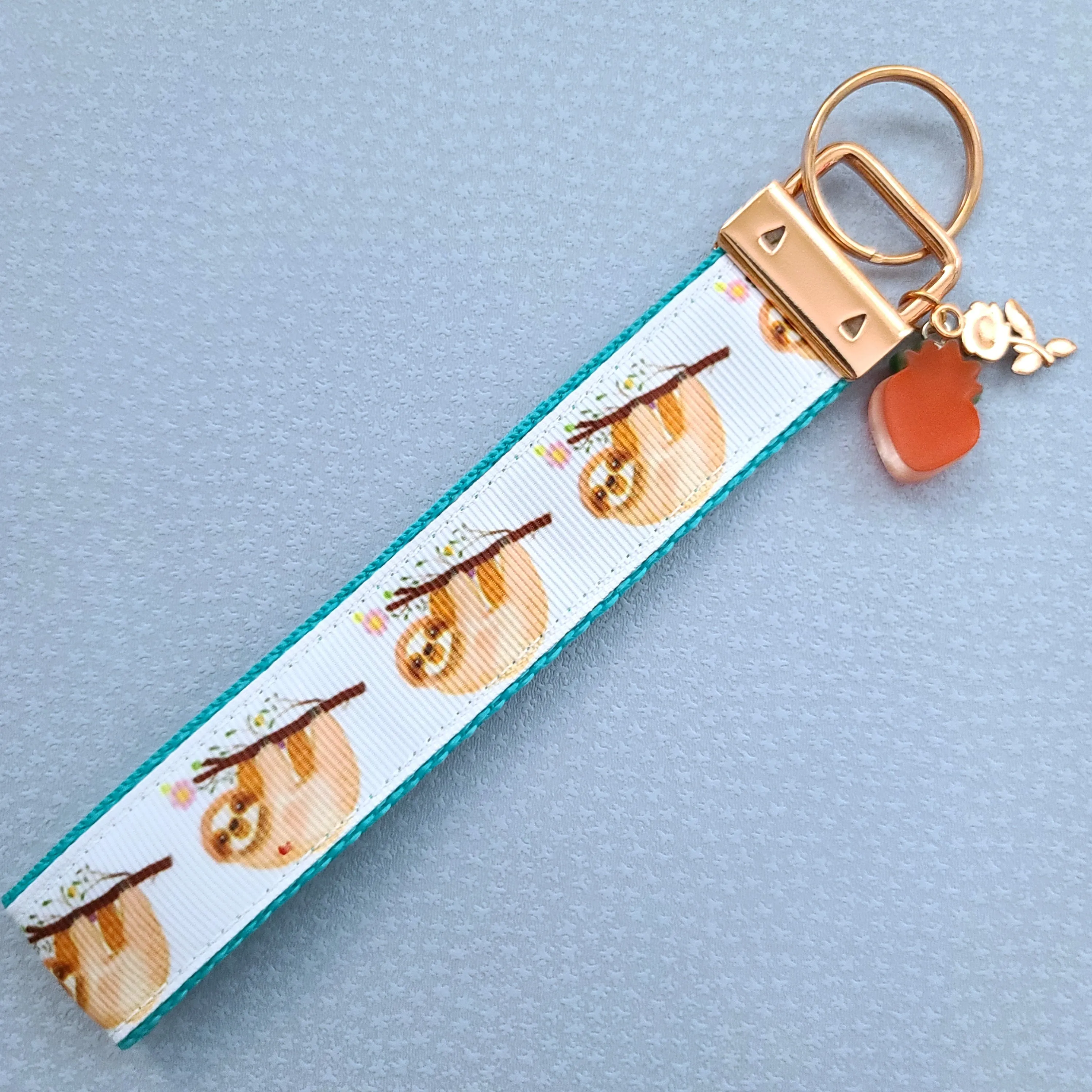 Sloths and Flowers Key Chain Fob with Strawberry and Leaf Charm