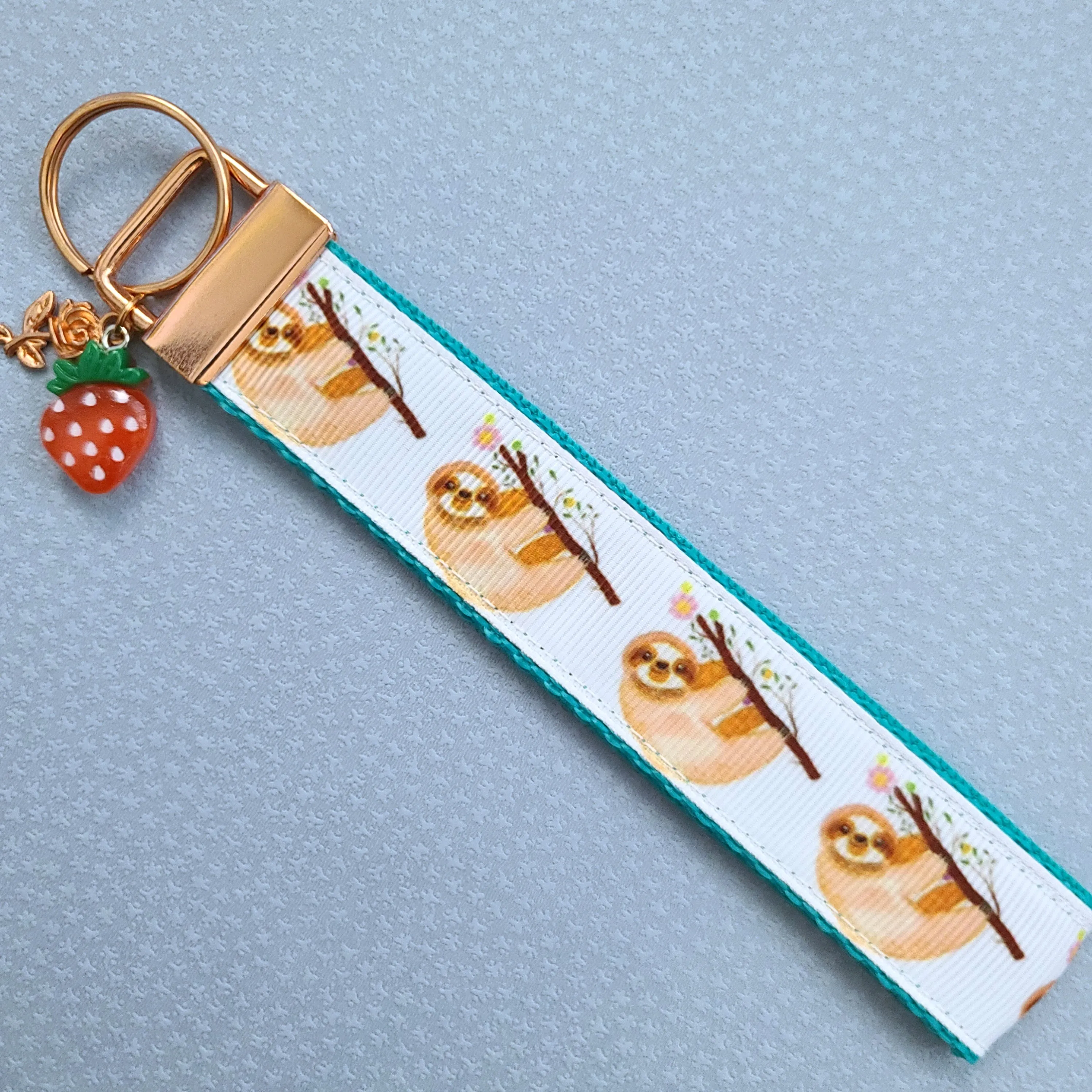 Sloths and Flowers Key Chain Fob with Strawberry and Leaf Charm
