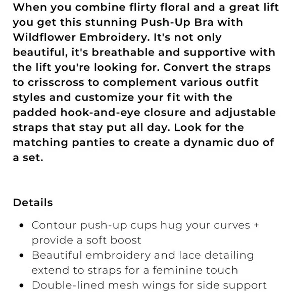 Soma Woman's Sexy Wildflower Embroidery Push-Up Bra Sz 34D
